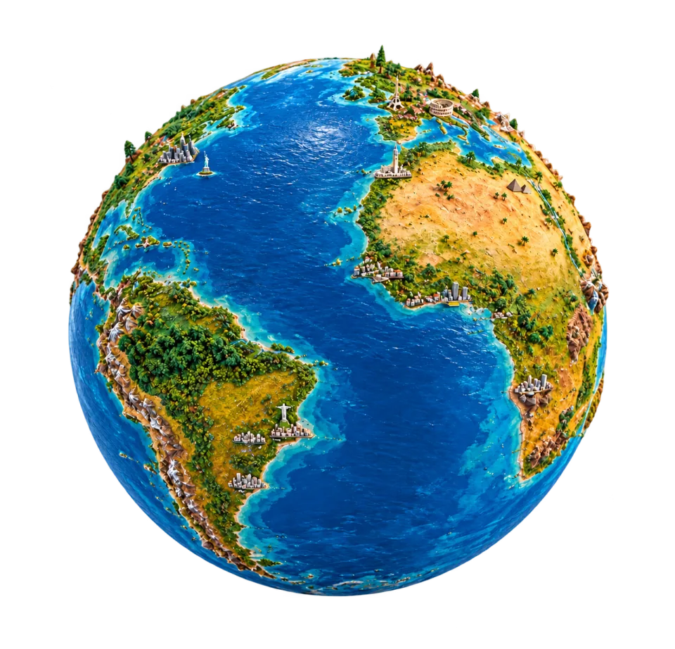 Earthica globe concept with raised landscapes and miniature landmarks